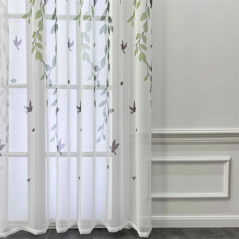 Rideaux en tulle transparent de feuilles vertes pastorales américaines, chambre d\'enfant, imprimé oiseau, salon, balcon, rideaux de fenêtre