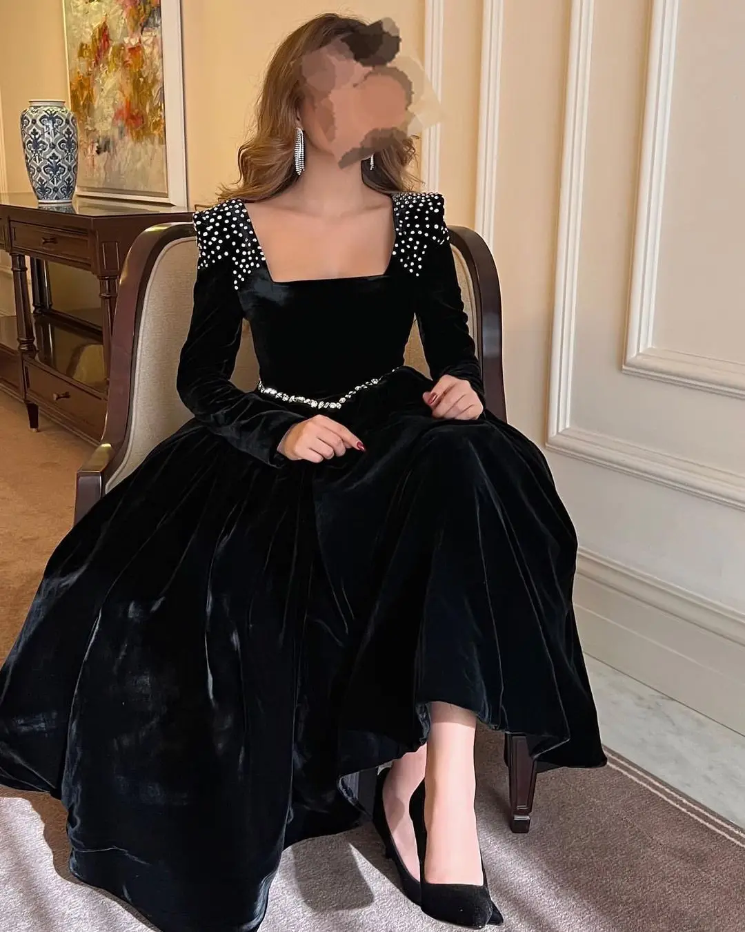 

FDY Black Velvet Long Sleeves Prom Dresses Beadings Square Ankle Length Saudi Arabic Women Evening Gowns Wedding Party Dress