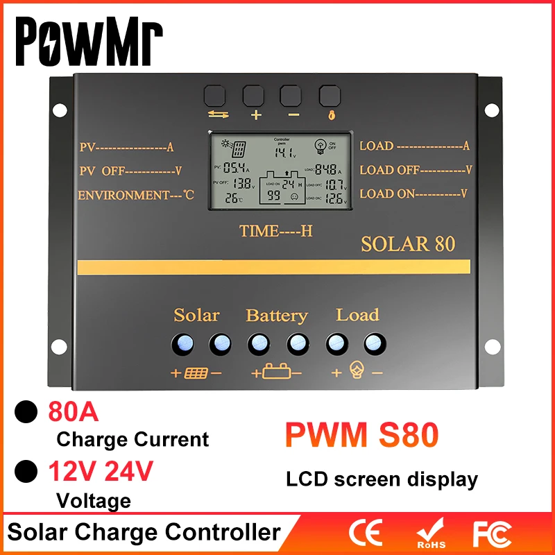 Contrôleur De Charge Solaire 80 A PWM 12 V 24 V 1920 W Panneau