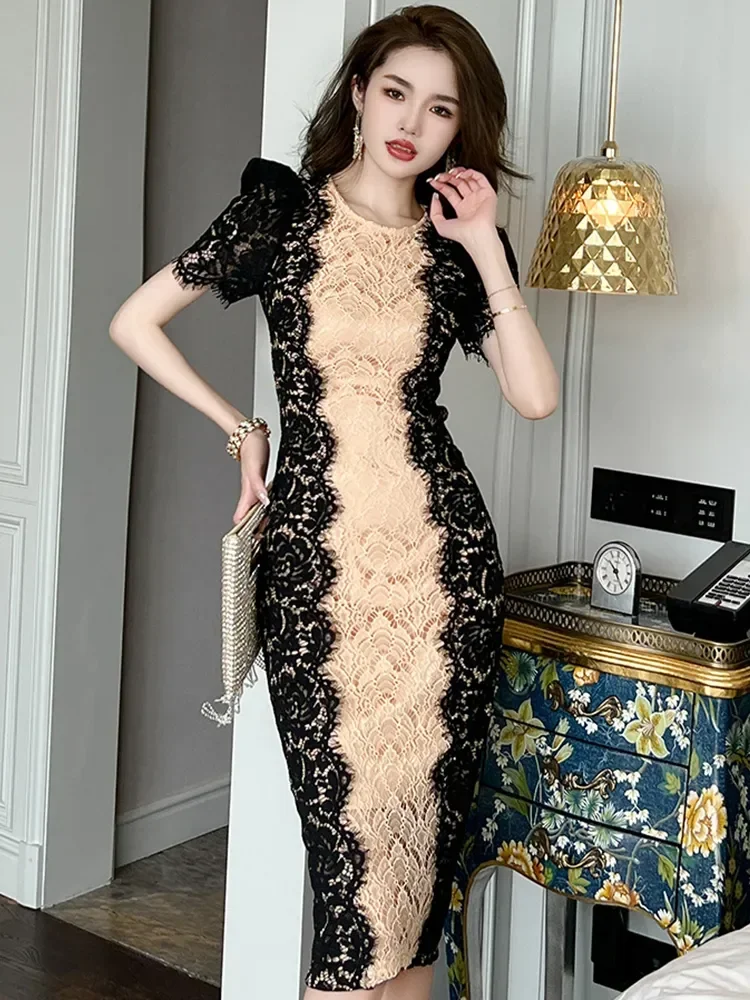 

French Elegant Lace Panel Contrast Midi Dress for Women Celebrtity Bubble Sleeve Slim Robe Femme Party Banquet Vestidos Mujer