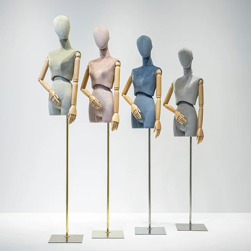 

Full Cloth Mannequin for Women, Wood Arm Fabric Cover,Metal Base for Wedding Display, Twist Split Waist, Female Head Model, 2023