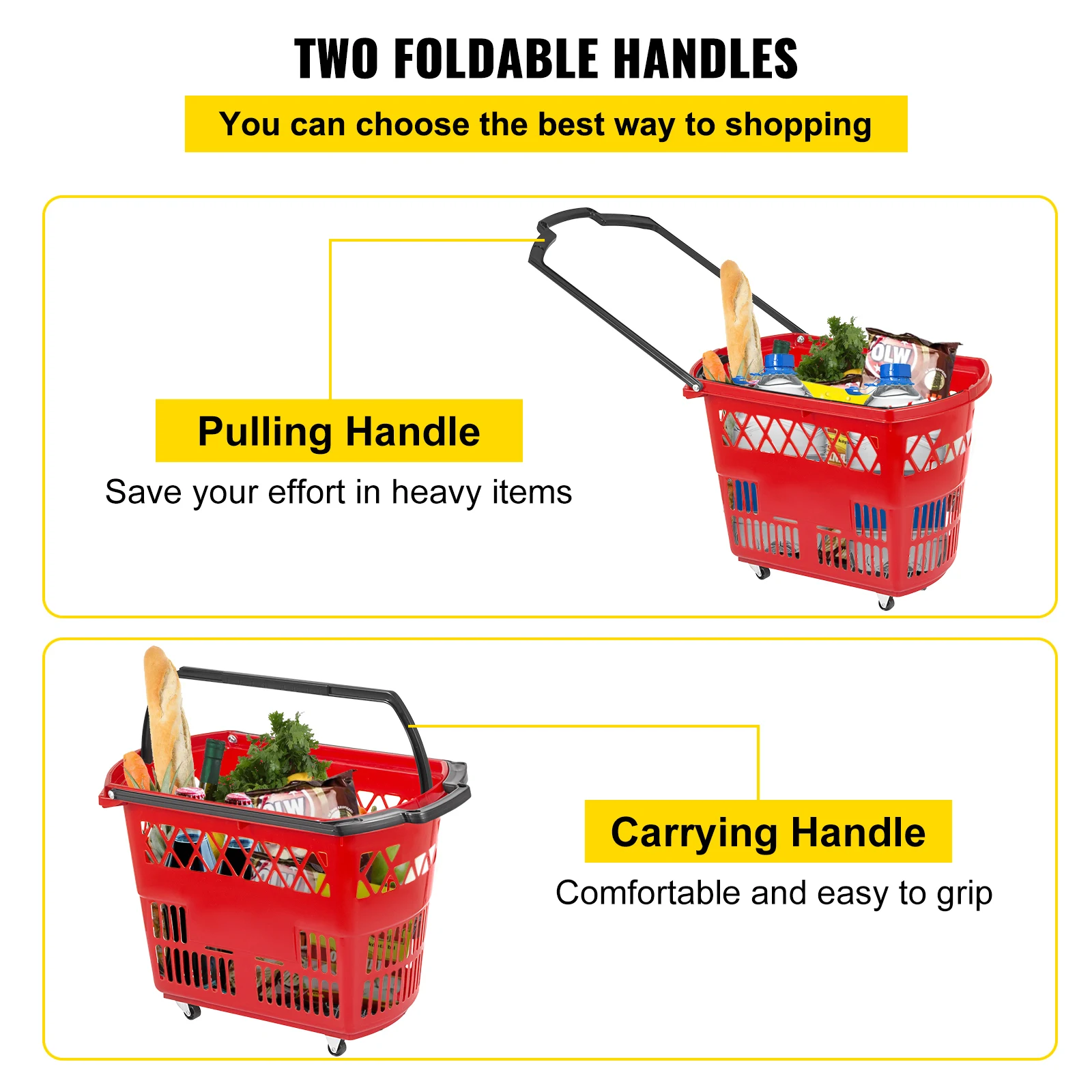 Plastic Rolling Shopping Basket with Wheels and Handles