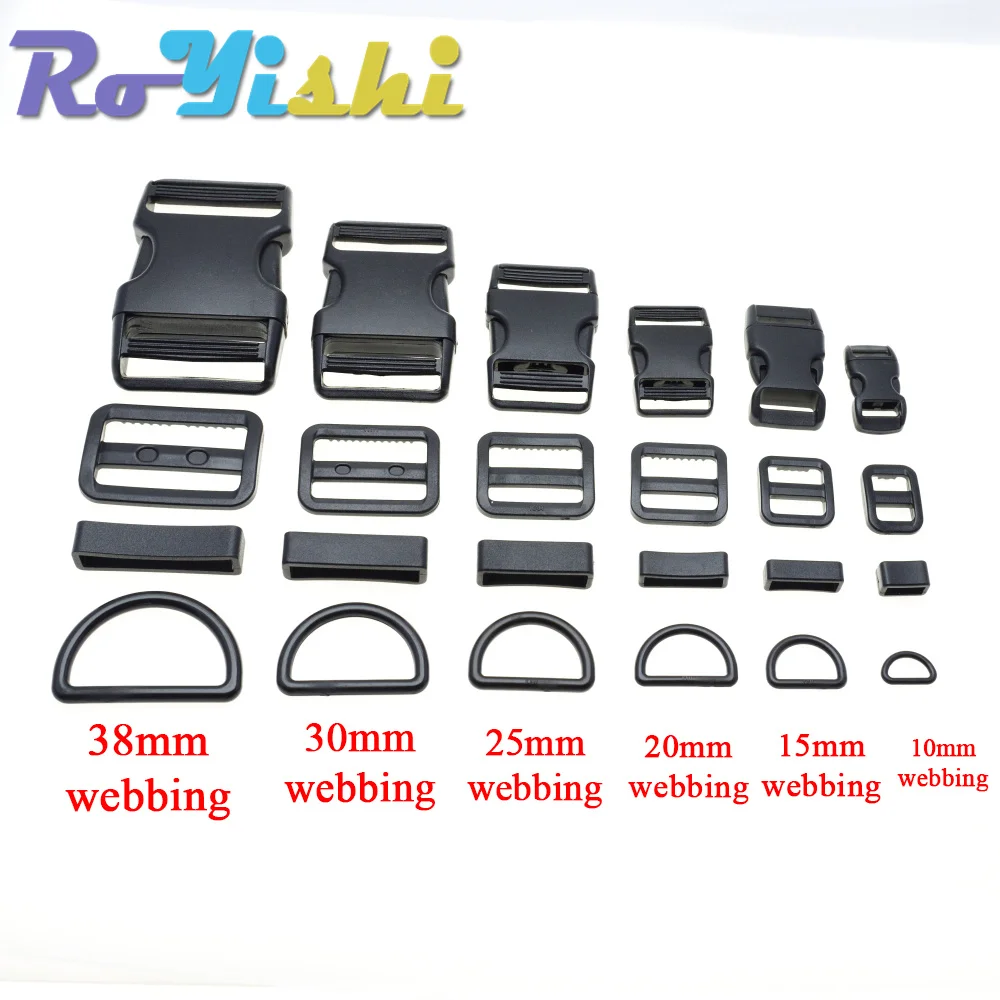 1 Set 10mm 15mm 20mm 25mm 30mm 38mm Plastic Slider Adjustable D Rings Belt Loop Curved Side Release Buckles For Paracord