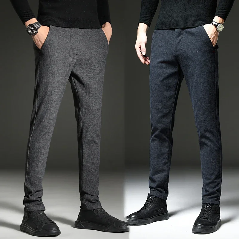 

2023 New Brushed Fabric Casual Pants Men Business Casual Long Pants Suit Pants Male Elastic Straight Formal Trousers