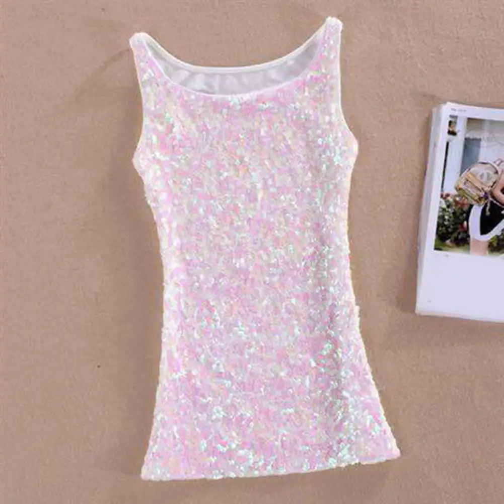 

Shimmering Sequin Detail Top Sequin O Neck Tank Top for Women Slim Fit Shiny Vest with Elastic Soft Pullover for Stage Show
