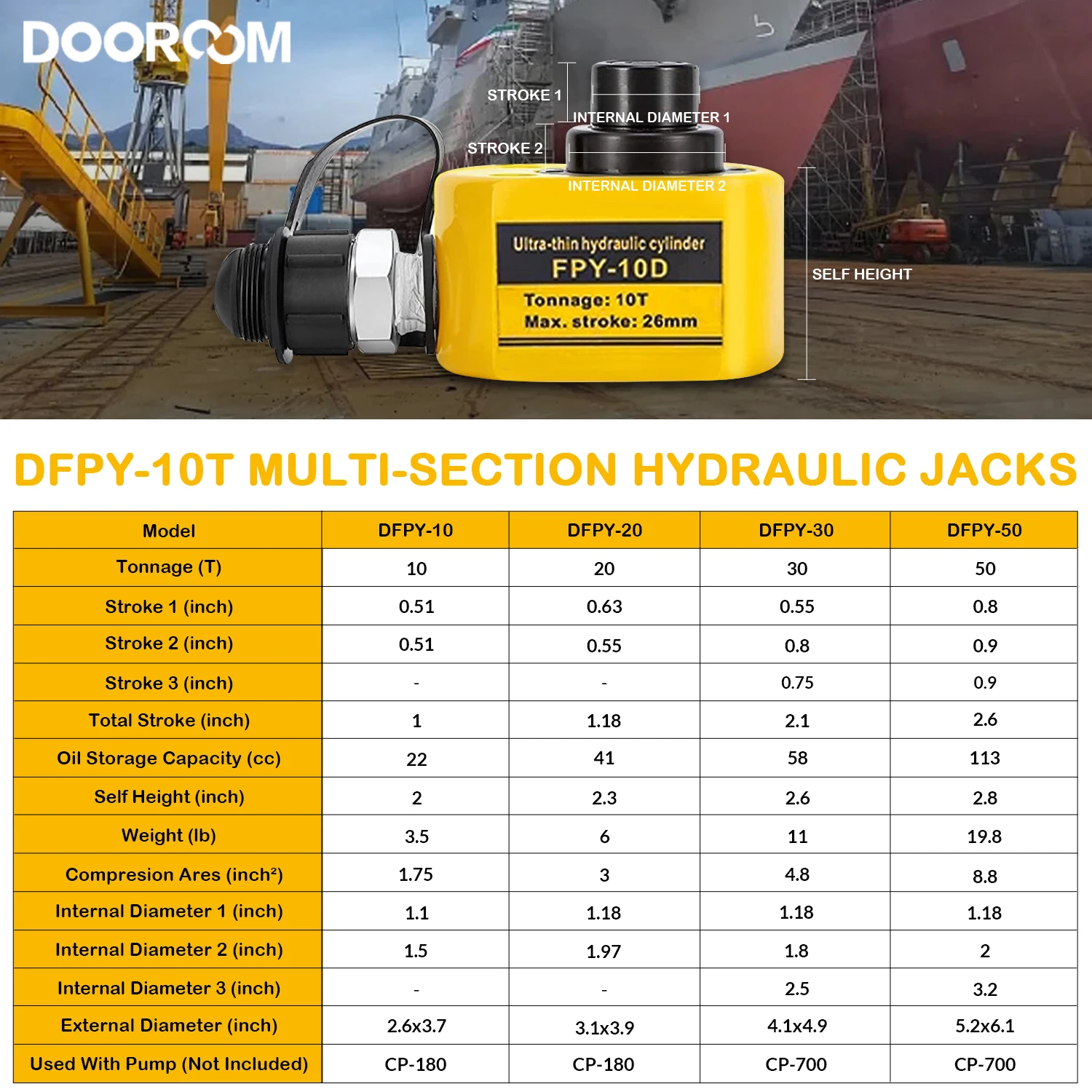 DOOROOM 10Ton Multi-section Hydraulic Ram Jack Ultra-thin Hydraulic Cylinder Lifting Jack Portable Lifting Equipment Separation 5
