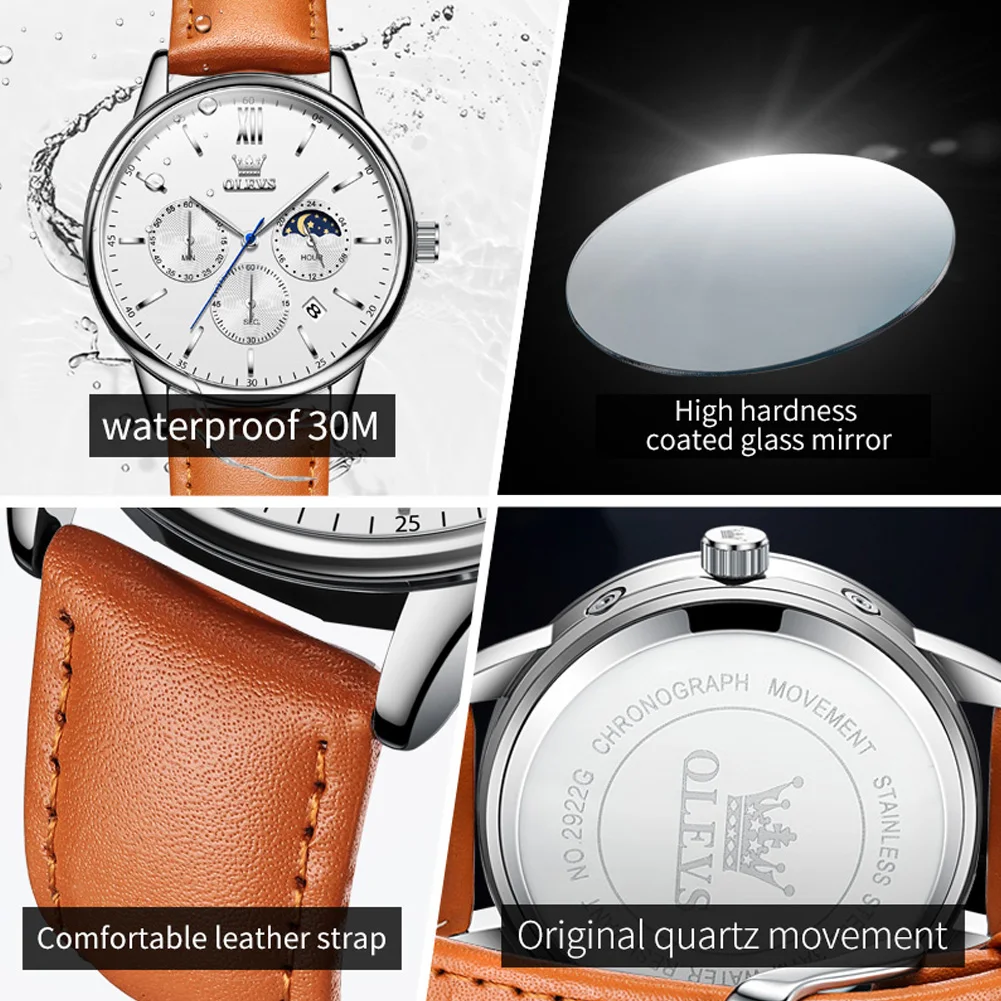 OLEVS Brand Luxury Moon Phases Quartz Watch for Men Leather Waterproof Date Fashion Chronograph Watches Mens Relogio Masculino
