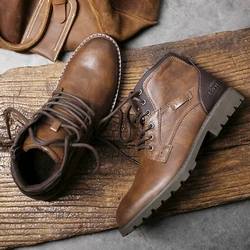 Vintage Leather Men's Ankle Boots - Autumn Winter Collection, High Quality with Side Zipper, Available in Large Sizes - 45 (Brown)