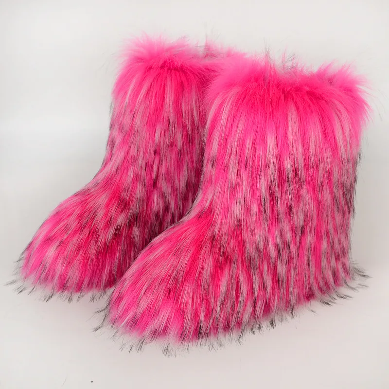 Winter Women's Fluffy Faux Fox Fur Snow Boots Ladies Plush Boots Female Warm Luxury Footwear Girl's Furry Cotton Shoes Platform