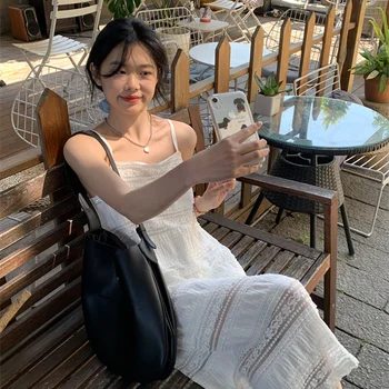 Sanmuzi ~ 신선한 흰색 레이스 슬링 높은 감각 원피스 봄과 여름 한국 시리즈 모두 어울리는 아름다운 스커트 여성