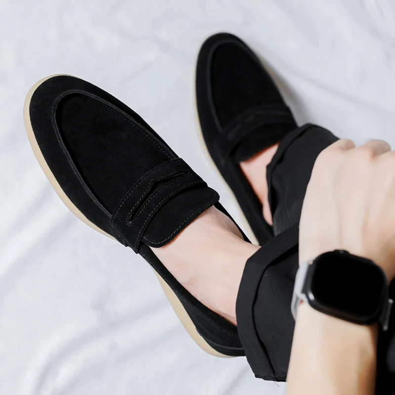

Genuine Leather Men Suede Bean Shoes Casual Shoes Luxury Brand Mens Loafers Moccasins Breathable Slip on Black Driving Shoes