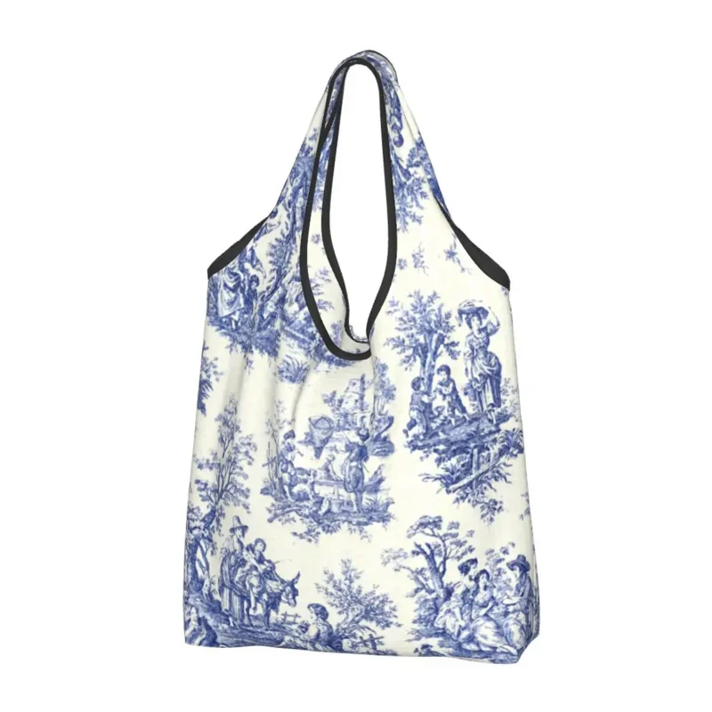 

French Navy Blue Toile De Jouy Motif Pattern Grocery Shopping Bag Shopper Tote Shoulder Bag Large Traditional France Art Handbag