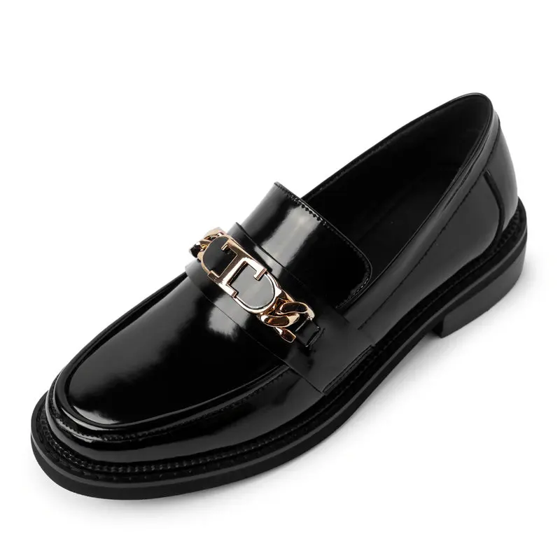 

2023 New England Style Fashion Vintage Metal Ring Buckle Genuine Leather Slip-On Loafers Women Shoes Flat Shoes Female