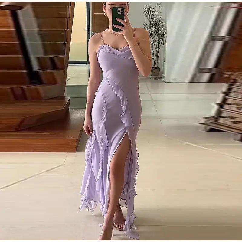 

Women's Chiffon Sexy Strap Dress, Open Back, Split Ruffle Edge, Long Dress, New