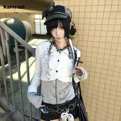 Karrram Japanese Y2K Inspired Hooded Knit Top with Grunge Aesthetics - M (Grey white)