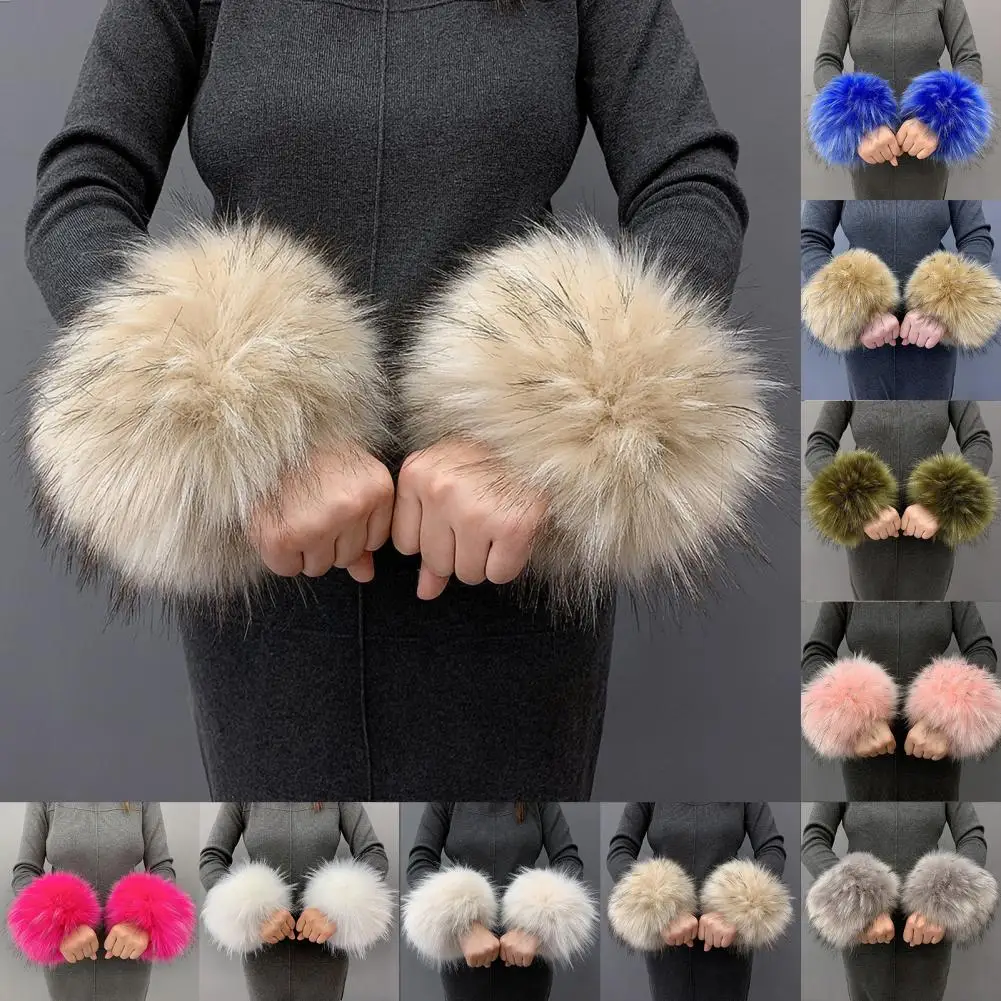 

1 Pair Women Cuffs Solid Color Faux Fur Autumn Winter Windproof Fluffy Wristbands for Daily Wear