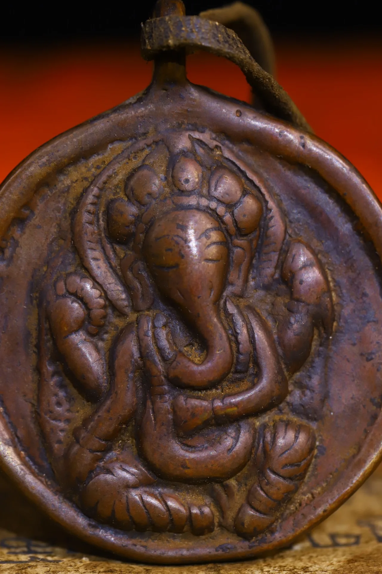 2"Tibetan Temple Collection Old Bronze Cinnabar Ganesha Geneisha Zodiac Animal Buddha Card Pendant Amulet Town house 4