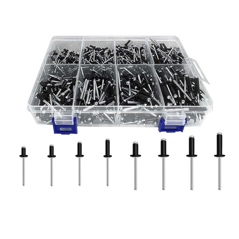 

600PC Rivets Blind Rivets Assortment Kit 8 Sizes Black (1/8In X 1/4In,5/16In,3/8In,1/2In,3/16In X 5/16In,3/8In, 1/2In,5/8In)