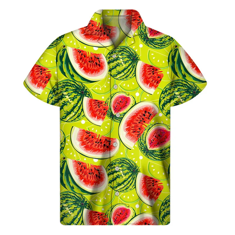 Camisa hawaiana con estampado de sandía colorida, blusas de verano de manga corta con botones y estampado 3D de frutas, ropa para hombre, blusa con solapa