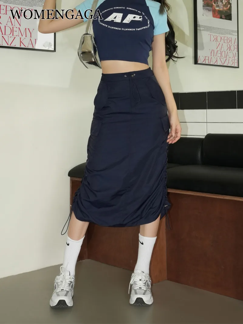 

WOMENGAGA American Safari Style Thin Long Slim Woman Spicy Girl Quick Drying Drawstring Work Outfit Skirts Fashion 2023 New S594