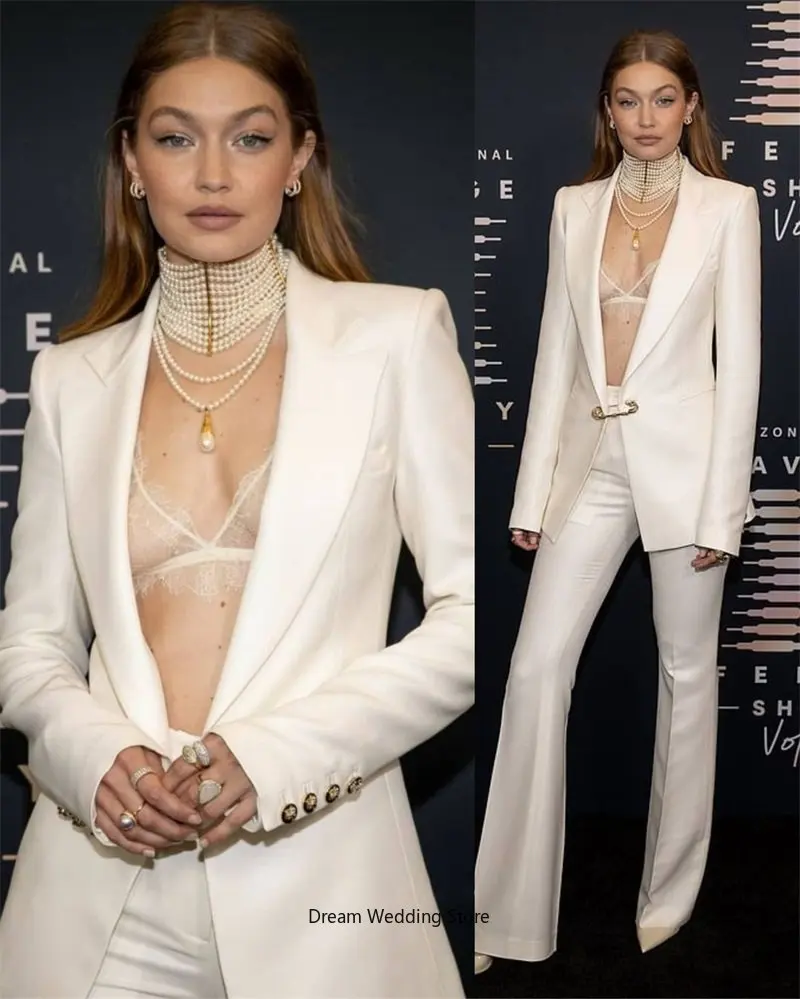 

White Women Suits Set With Large Pin Designer Evening Prom Gowns Tailored Deep V Neck 2 Pcs Blazer Pants Fashion костюм женский