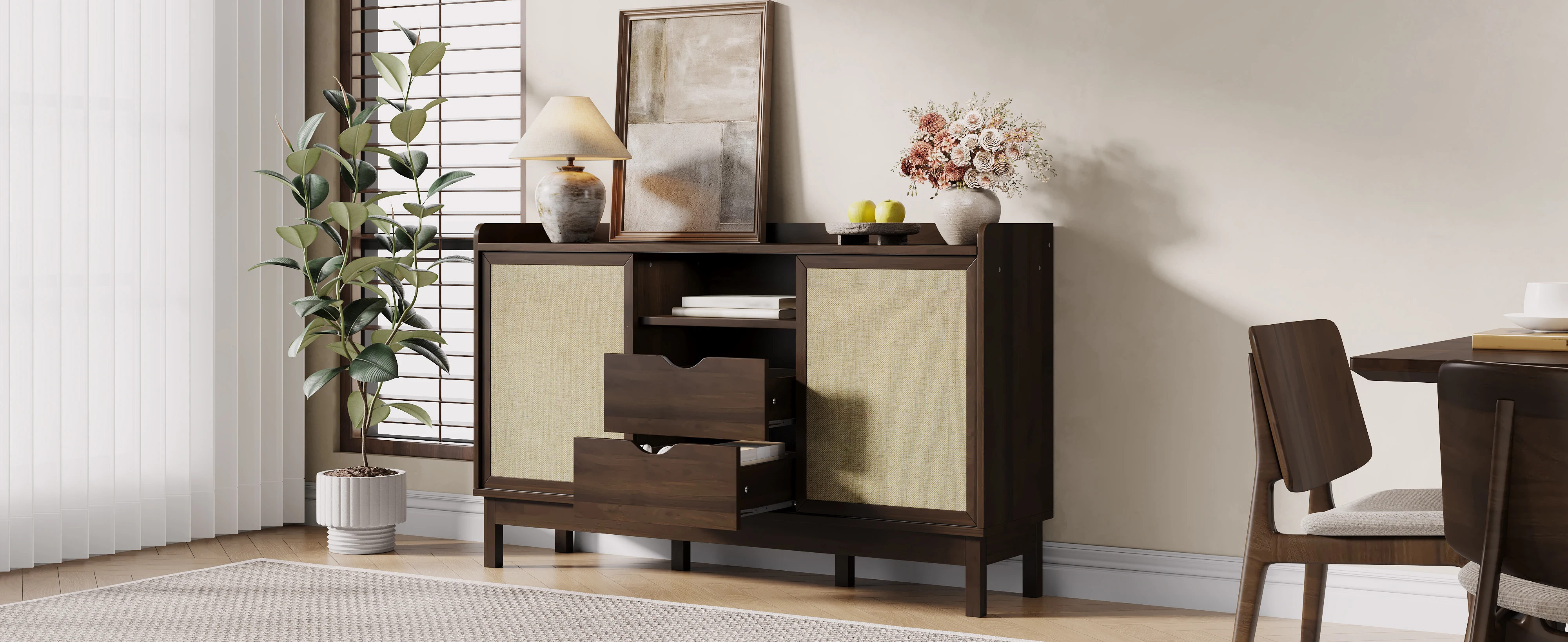 Retro Sideboard mit Schiebetüren&2 Schubladen|Griffloses Design|Verstellbare Regale|Für Wohnzimmer & Esszimmer | Multifunktional – Detail 5