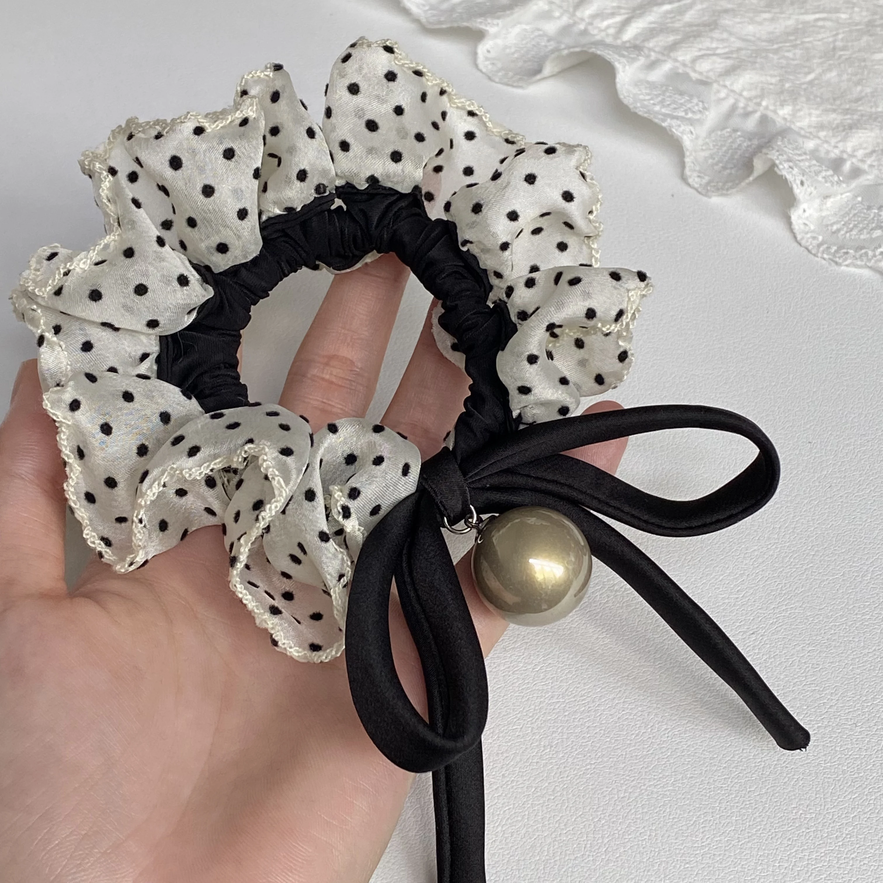 1PC Elegant Polka Dot Chiffon Hair Scrunchies Set, 2 - Piece With Black Bow And Pearl Decor, Sweet Hair Accessories For Women
