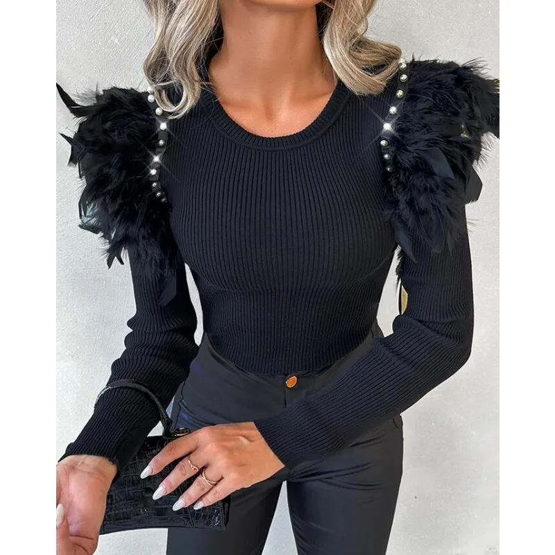 

Trend Feather Pearl Bottoming Top Sweaters Women Sexy Slim Fits Skinny Jumpers Pullvoers Long Sleeve O-neck Pearls Decor Sweater