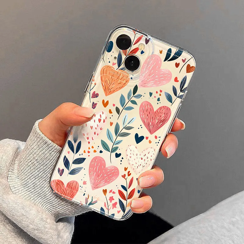 Love Heart Leaves Moon Print Soft Clear Phone Case