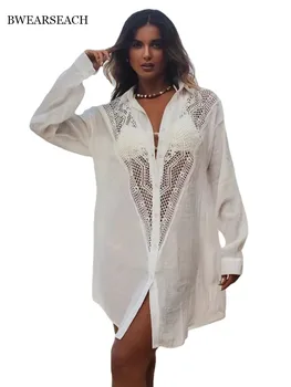 White Beach Cover Ups for Siwmwear Women Flower Lace Shirts Tunic Long Sleeve Summer Holiday Bathing Suits Hot Sales 1