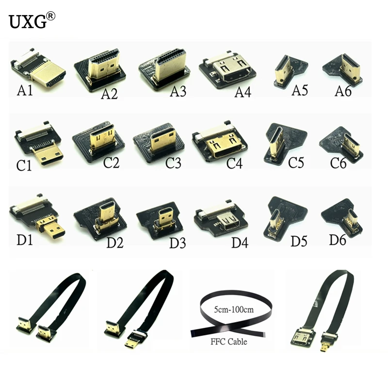 HDMI Cable Ribbon Flat FPV HDMI-Compatible Flexible Cable Raspberry Pi 4 Micro HD To HD/Mini-Compatible Female 90 Degree FFC 20p