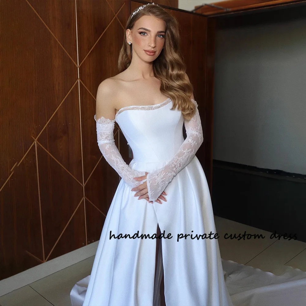 

White Beach Mermaid Wedding Dresses Mono Satin Off Shoulder Boho Bride Dress Floor Length Chic Wedding Bridal Gowns Customized