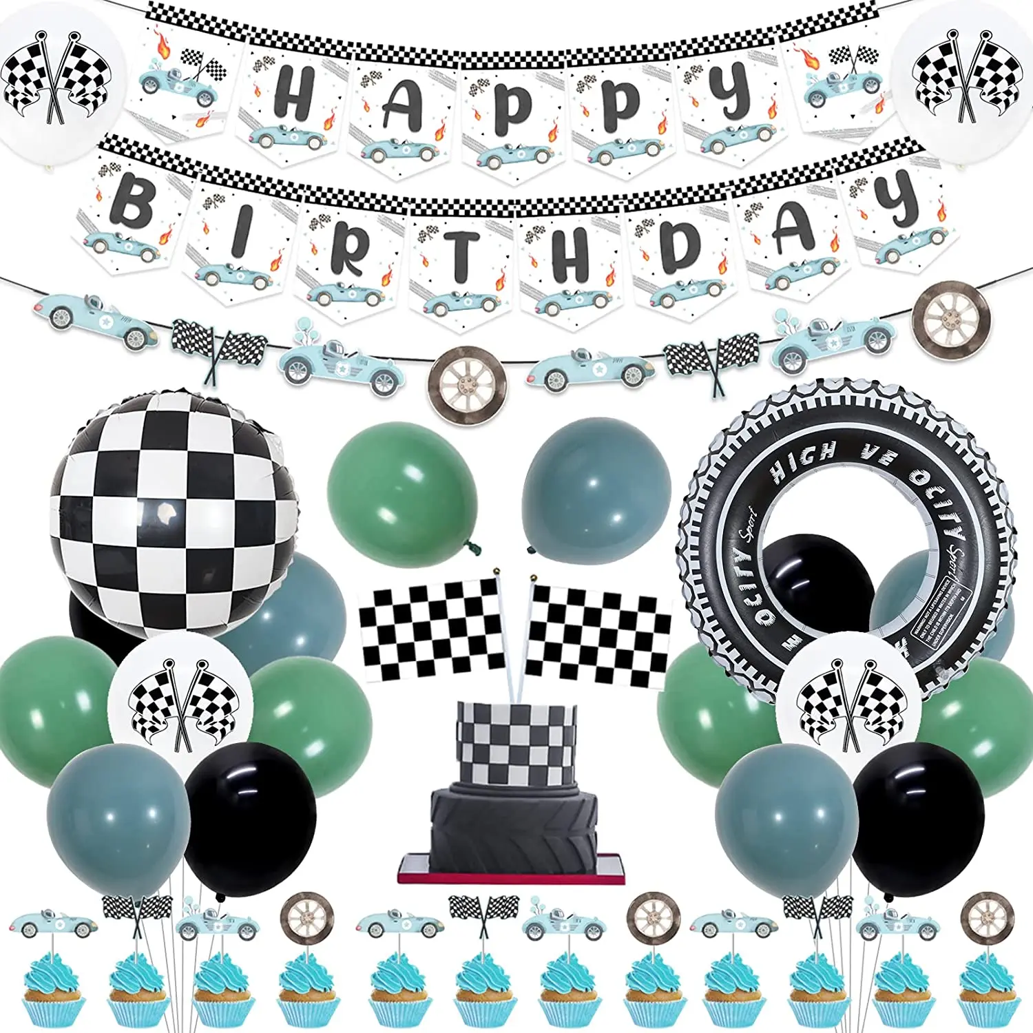 

Blue Race Car Birthday Decorations for Boys Racing Car Happy Birthday Banner Checkered Flag Cake Topper Balloons for Kids Party