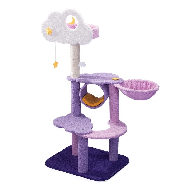 Unique Moon Cloud Cat Tree Tower Cute Cat Houses Sisal Rope Scratching Post Plush Hammock Multi-Level Purple Tree