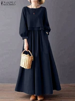 ZANZEA Womens Casual Chic Maxi Dresses Boatneck Lantern Sleeve Fake Two-Piece Solid Color A-Line Long Dress Autumn Retro Clothes - Image 2