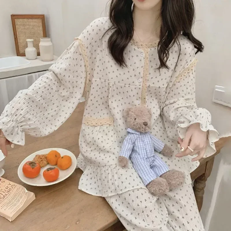

Autumn Women Floral 2 Pocket Pajama Lace Sleepwear Sleeve Piiama For Fashion Pieces 2023 Button Long Suit Korean Pant Sets