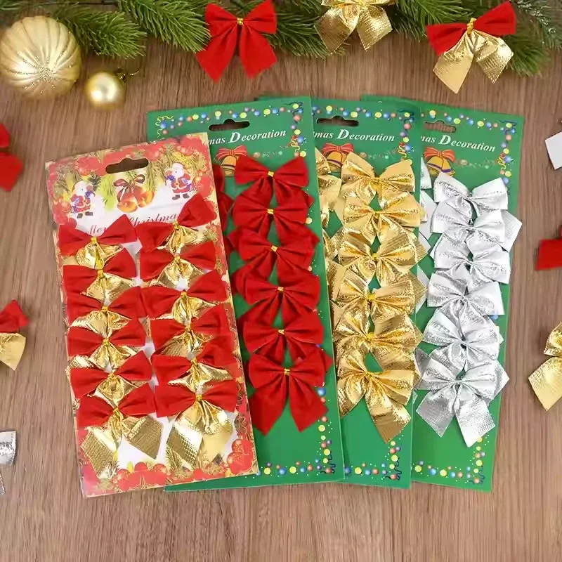 240/12PCS Mini Christmas Bow Ornaments Red Gold Xmas Tree Hanging Pendant DIY Craft New Year Home Party Decoration Bowknot Gifts 4