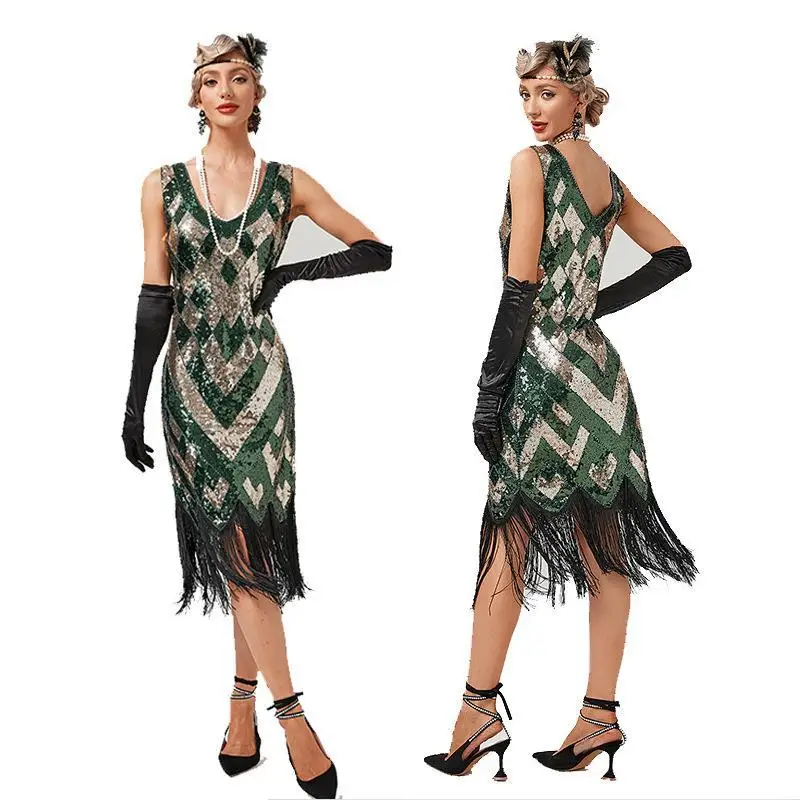 2022 New Design Women 1920s Vintage Big V-Neck Flapper Fringe Beaded Great Gatsby Party Cocktail Dress Plus Size S-3XL