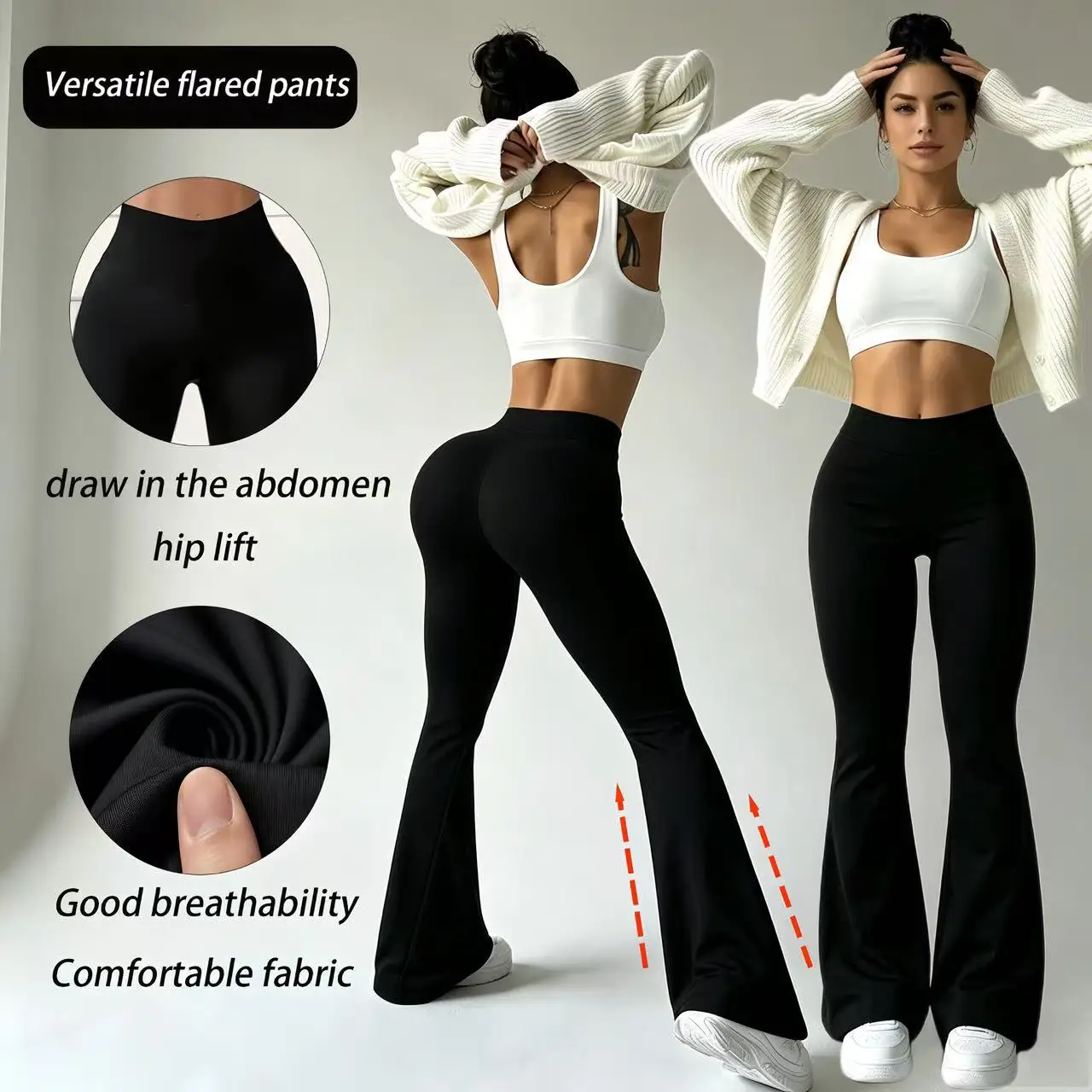 Women's daily exercise high waisted bell bottom pants, waist cinching and hip lifting elastic pants, yoga fitness running, view 3