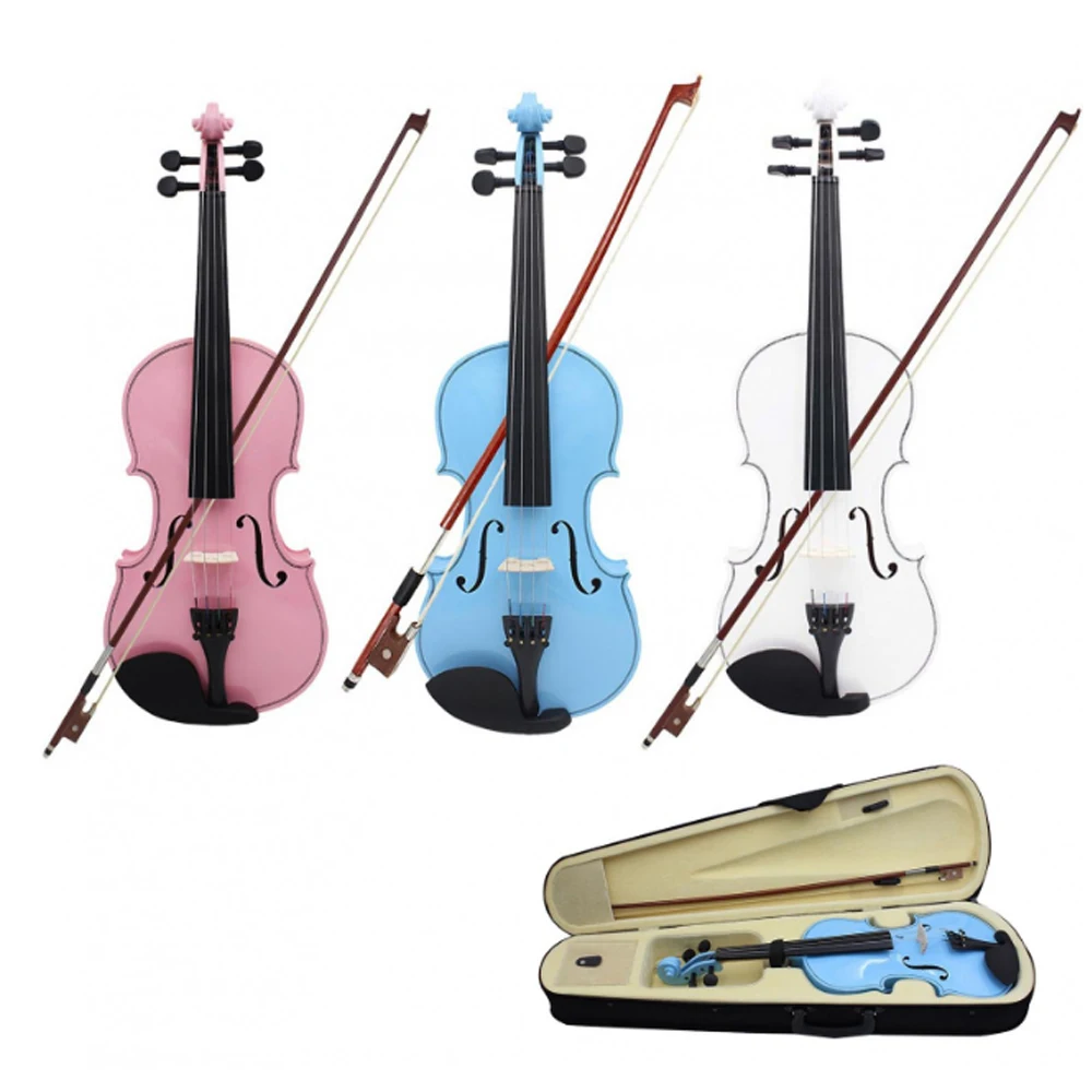 4/4 Full Size Solid Wood Acoustic Violin for Violin Beginner with Bow Case White Blue Pink Color Fiddle