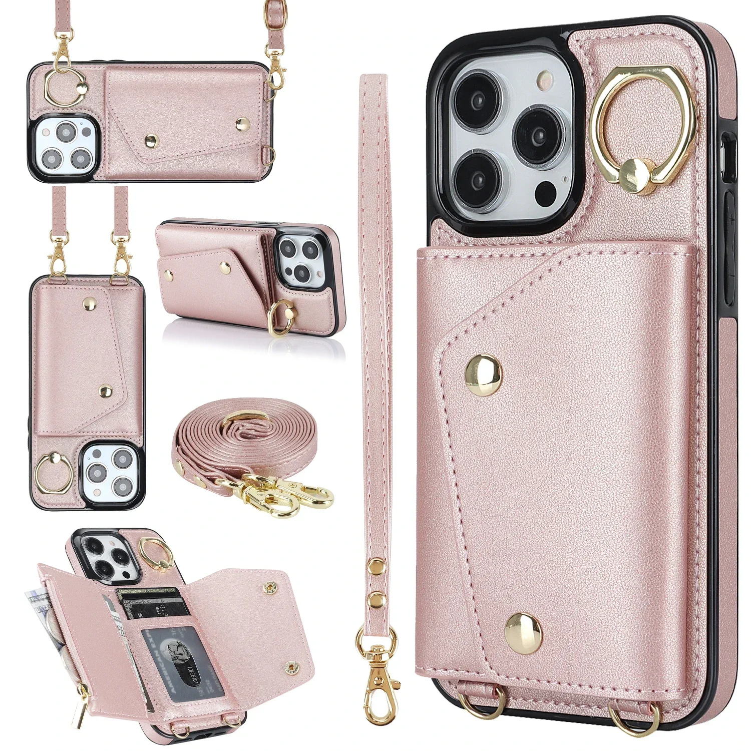 thumbnail image 1 of Funda de teléfono de cuero con tarjetero y correa para la muñeca con cordón cruzado para iPhone 16 15 14 11 Pro Max XS XR 7 8 Plus 13 12 Mini, 1 of 5