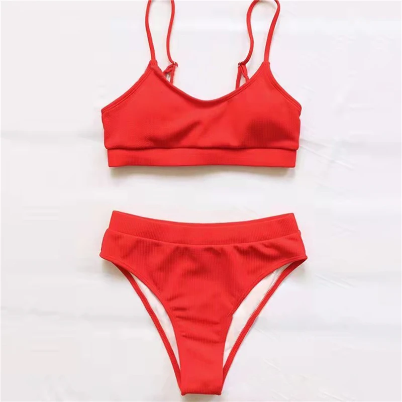 swimwear High Waist Bikinis Swimsuits Women Push Up Swimwear Ribbed Strap Bathing Suit Biquini Brazilian Bikini 2021 New Beachwear red bikini set Bikini Sets