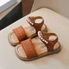 Unishuni Girls Sandals Princess One-Strap Summer Shoes Child Soft Skin-Friendly Cloth Sandal Kids Lace Pearl Bohemia Beach Flats 3