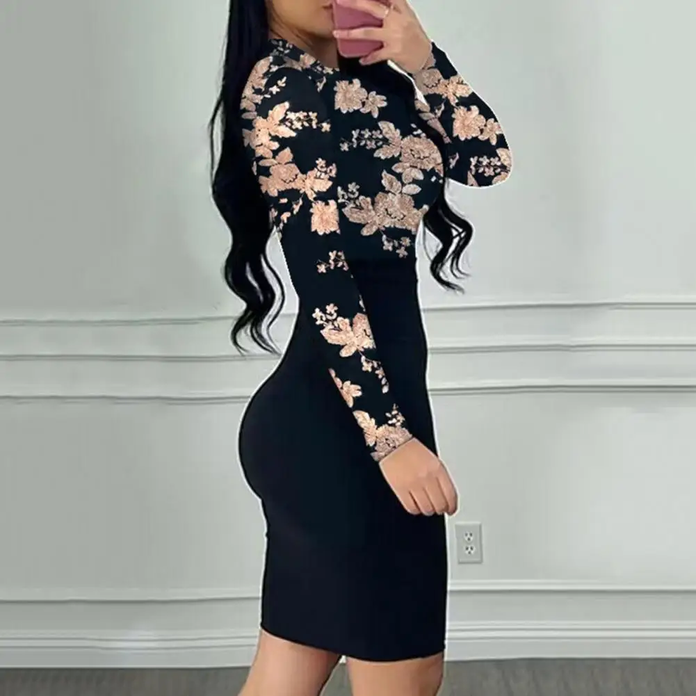 

Sheath Dress Flower Print Slim Fit High Waist Mini Dress for Women Long Sleeve Sheath O Neck Elastic Above Knee Length Fall