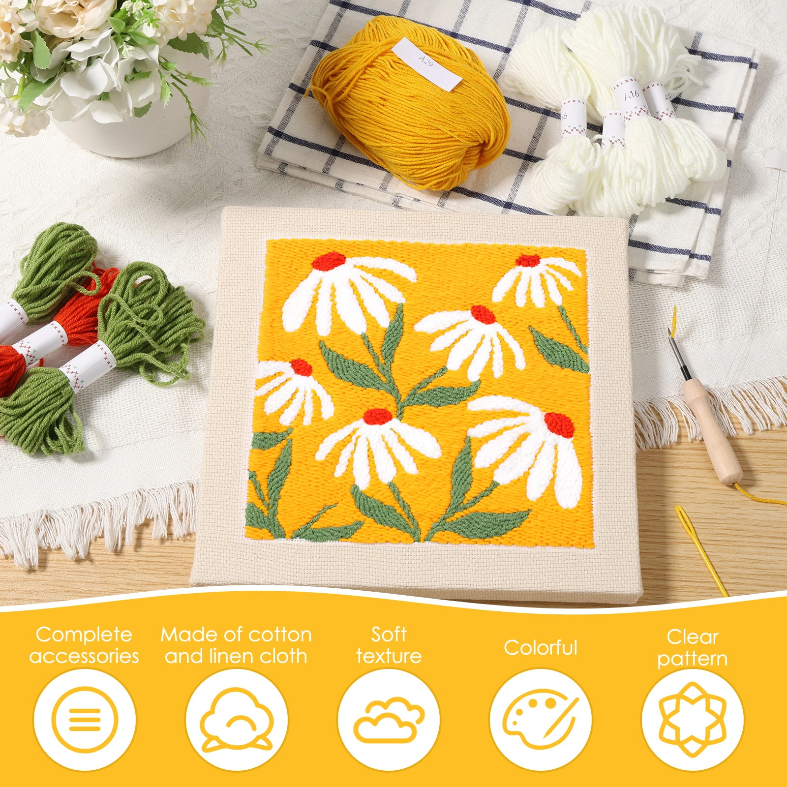 Punch Needle Embroidery Starter Kit with Frame Threads and Needle DIY Flower Pattern Embroidery Arts Hanging Decorations Gifts