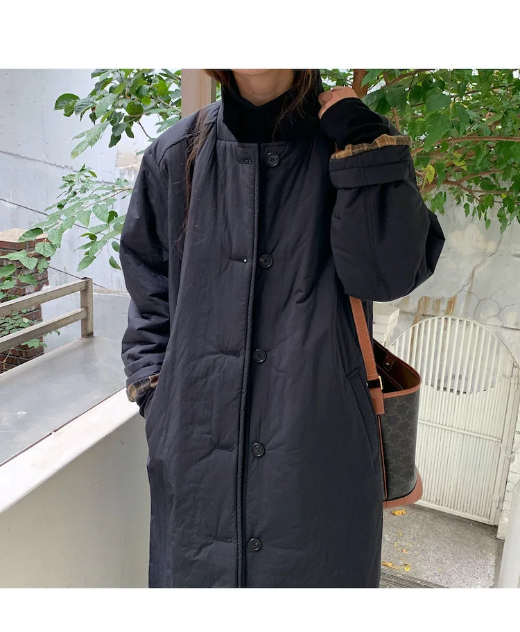 Autumn Winter Korean Army Green Warm Jacket Lapel Check Sleeves Straight Coat Fashion Medium Long Ladies Puffer Padded Outwear