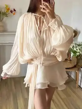 Beige Top Solid Blouse Mini Dresses For Women V Neck Long Sleeve Spliced Lace Up Sweet Style Dress Female Clothing Fashion  P7WI 1