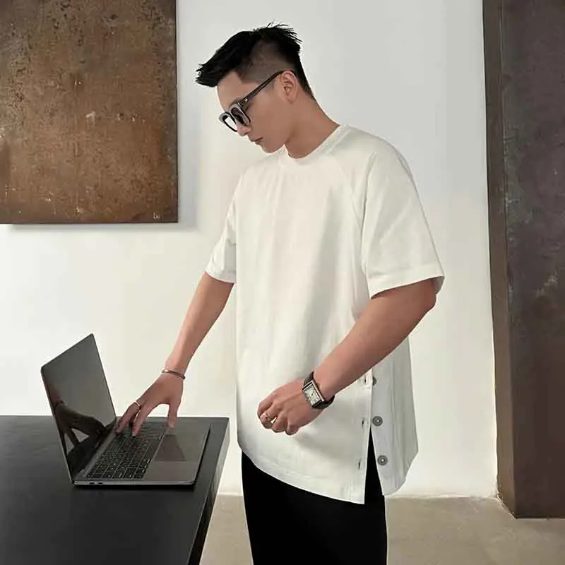 Summer Button Split Fork Short Sleeve Men O Neck Sweatshirts Fashion Casual Simple Harajuku Oversized T Shirt Black White Green