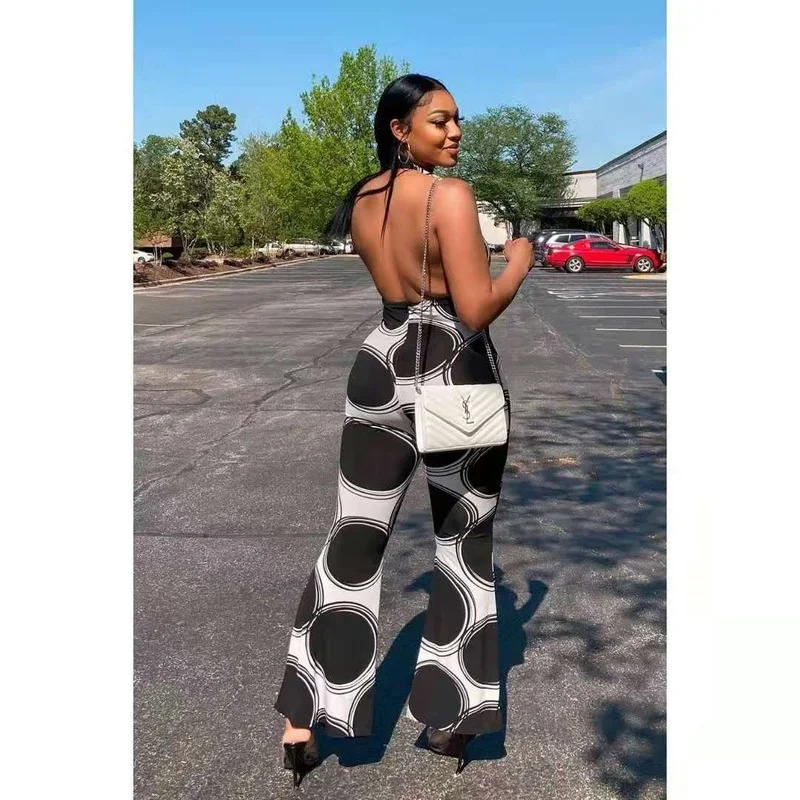 Print Club Outfits for Women Clubwear 2023 Sexy V-neck Halter Strap Sleeveless Slim Print Black Slim Temperament Casual Jumpsuit