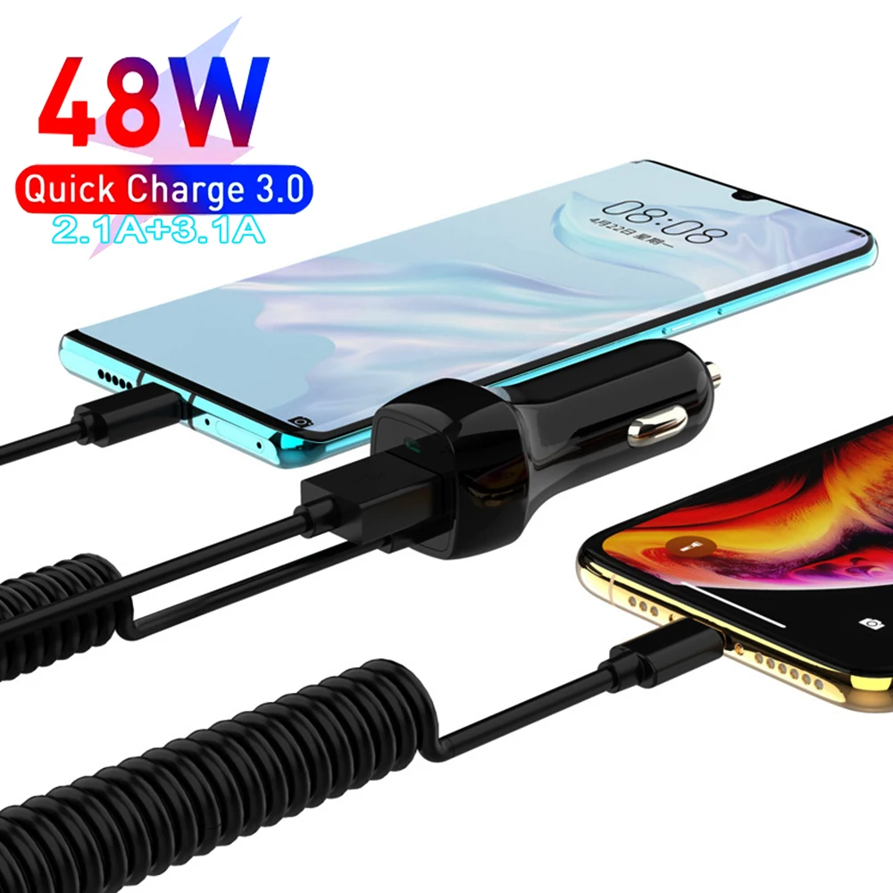 Car Charger 48W USB Fast Stretch Cable Adapter for IPhone13 12 11 14 Pro Max Samsung Galaxy Note20 Android Type-c